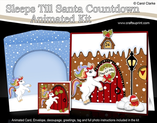 3D Animated Sleeps Till Santa Christmas Gingerbread House Countdown Card Kit - Cute Unicorn