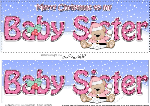 Large DL Merry Christmas to my BABY SISTER 3D decoupage with Livvy Bear