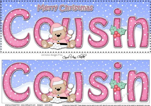 Large DL Merry Christmas COUSIN 3D decoupage with Livvy Bear
