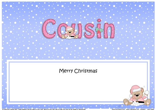 Large DL Merry Christmas COUSIN insert with Livvy Bear