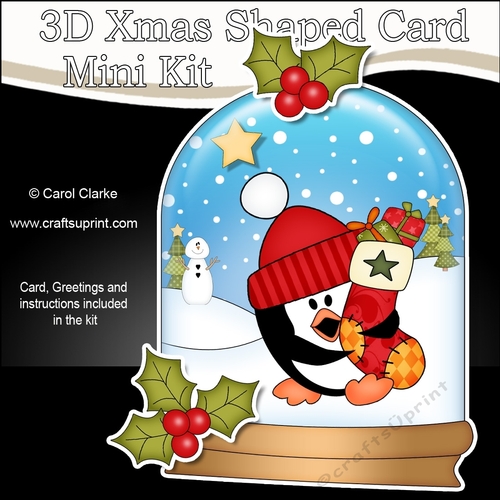 3D Shaped Christmas Snow Globe Card Kit - Pip Penguin has an Xmas Stocking