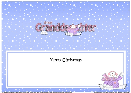 Large DL Merry Christmas GREAT GRANDDAUGHTER insert with Snowman Rio