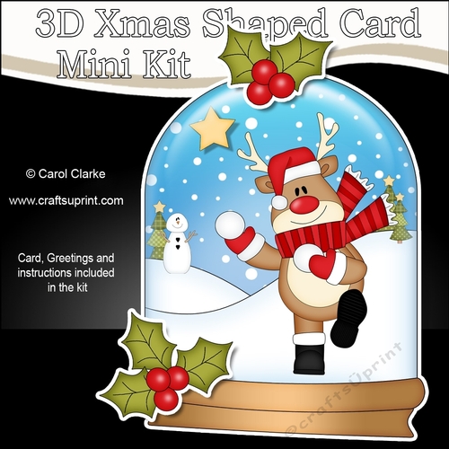 3D Shaped Christmas Snow Globe Card Kit - Rudolph is having a Snowball Fight