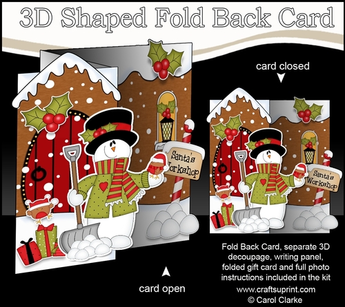 3D Shaped No-Hole Fold Back Christmas Card Mini Kit - Snowman Rio is clearing the Snow