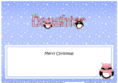 Large DL Merry Christmas DAUGHTER insert with Penguins