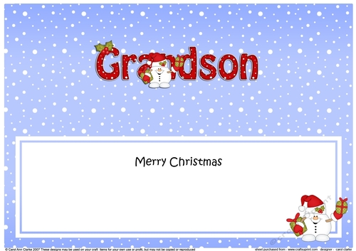 Large DL Merry Christmas GRANDSON insert with Snowball Sam