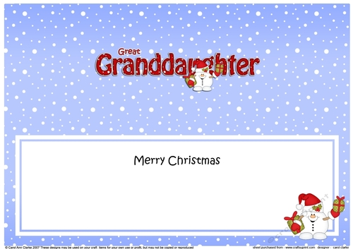 Large DL Merry Christmas GREAT GRANDDAUGHTER insert with Snowball Sam