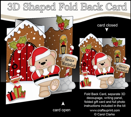 3D Shaped No-Hole Fold Back Christmas Card Mini Kit - Livvy Bear is having a Snowball Fight