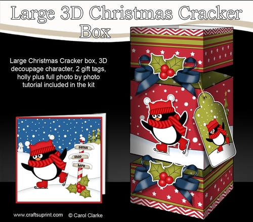 3D Large Christmas Cracker Box -  Pip Penguin is Skating