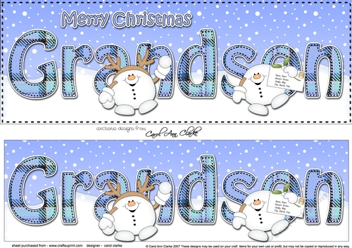 Large DL Merry Christmas GRANDSON 3D decoupage with Tartan Snowball Sam