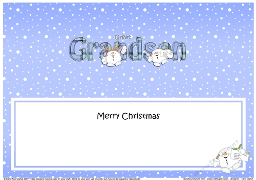 Large DL Merry Christmas GRANDSON insert with Tartan Snowball Sam