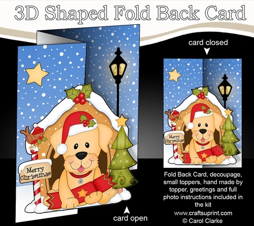 Shaped No-Hole Fold Back Christmas Kennel Card Kit - Little Golden Labrador Dog