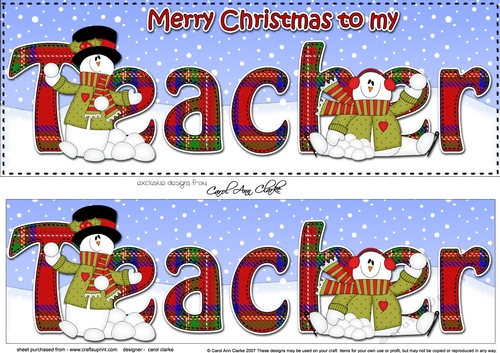 Large DL Merry Christmas to my TEACHER 3D decoupage with Snowman Rio 