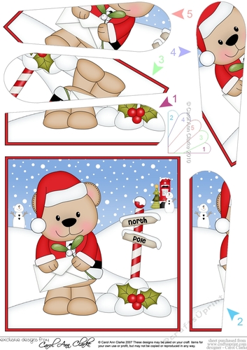 Christmas Livvy Bear has a letter and mistletoe Fan Pyramage Topper