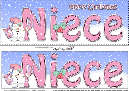 Large DL Merry Christmas NIECE 3D decoupage with Snowball Sam 