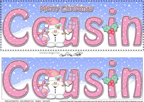 Large DL Merry Christmas COUSIN 3D decoupage with Snowball Sam 