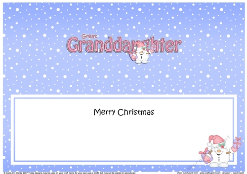 Large DL Merry Christmas GREAT GRANDDAUGHTER insert with Snowball Sam 