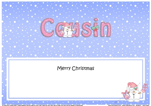 Large DL Merry Christmas COUSIN insert with Snowball Sam 