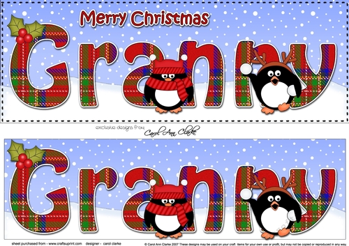 Large DL Merry Christmas GRANNY 3D decoupage with Tartan Penguins