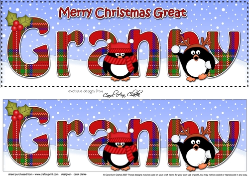 Large DL Merry Christmas GREAT GRANNY 3D decoupage with Tartan Penguins