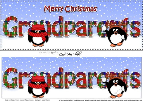 Large DL Merry Christmas GRANDPARENTS 3D decoupage with Tartan Penguins