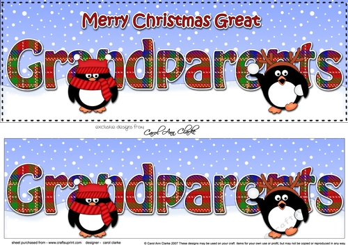 Large DL Merry Christmas GREAT GRANDPARENTS 3D decoupage with Tartan Penguins