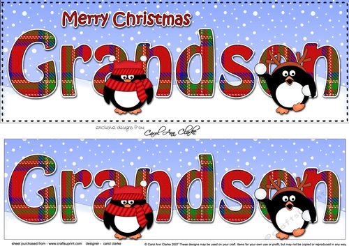 Large DL Merry Christmas GRANDSON 3D decoupage with Tartan Penguins