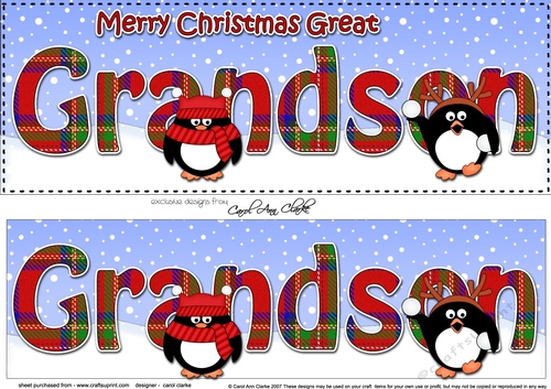 Large DL Merry Christmas GREAT GRANDSON 3D decoupage with Tartan Penguins