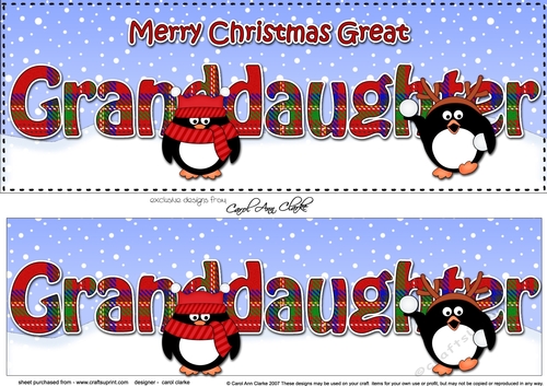 Large DL Merry Christmas GREAT GRANDDAUGHTER 3D decoupage with Tartan Penguins