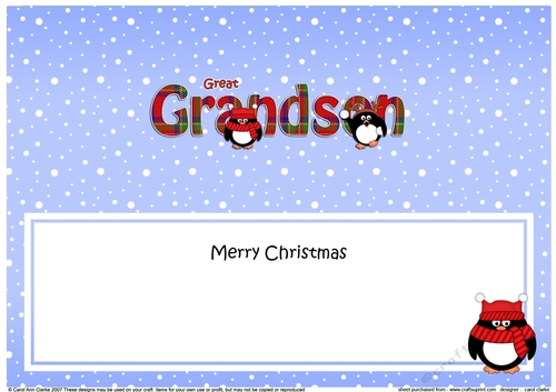 Large DL Merry Christmas GREAT GRANDSON insert with Tartan Penguins