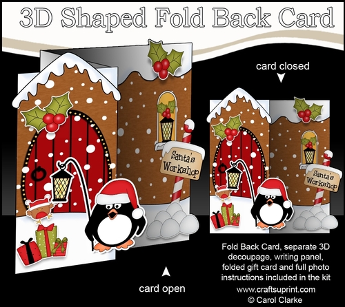 3D Shaped No-Hole Fold Back Christmas Card Mini Kit - Pip Penguin is at the Gingerbread House