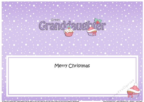 Large DL Merry Christmas GREAT GRANDDAUGHTER insert with Cupcakes