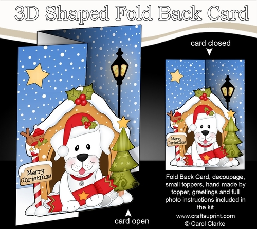 Shaped No-Hole Fold Back Christmas Kennel Card Kit - Little White Labrador Dog