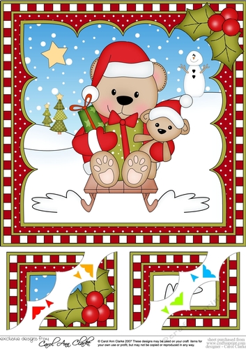 Christmas 8 x 8 Scalloped Corner Topper - Livvy Bear is Sledging  