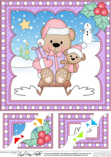 Christmas 8 x 8 Scalloped Corner Topper - Livvy Bear is Sledging  