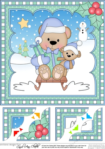 Christmas 8 x 8 Scalloped Corner Topper - Livvy Bear is Sledging  
