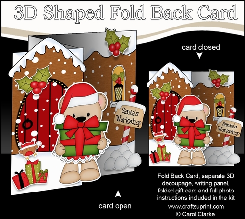 3D Shaped No-Hole Fold Back Christmas Card Mini Kit - Livvy Bear has an Xmas Present