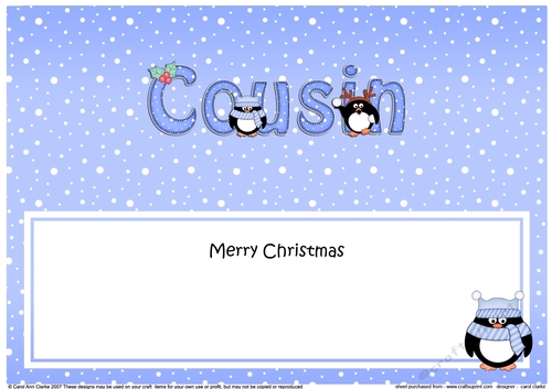 Large DL Merry Christmas COUSIN insert with Penguins