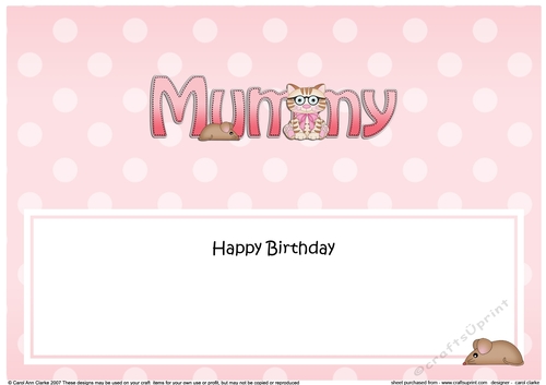 Large DL Happy Birthday MUMMY insert with Cute Little Cat