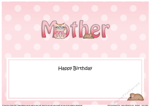 Large DL Happy Birthday MOTHER insert with Cute Little Cat