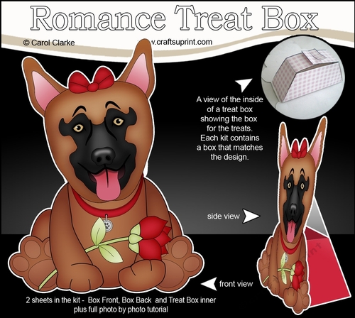 3D Valentine Treat Box Mini Kit - Cute Romantic German Shepherd Dog has a Rose