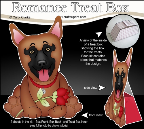 3D Valentine Treat Box Mini Kit - Cute Romantic German Shepherd Dog has a Rose