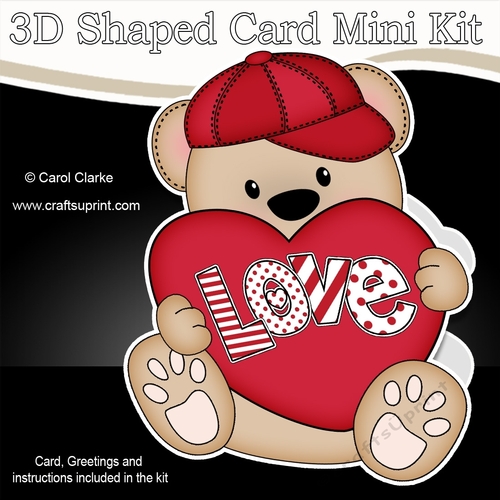 3D Shaped Card Mini Kit - Cute Romantic Teddy has a Heart 