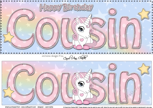 Large DL Happy Birthday COUSIN 3D decoupage with Unicorn