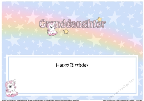 Large DL Happy Birthday GRANDDAUGHTER insert with Unicorn