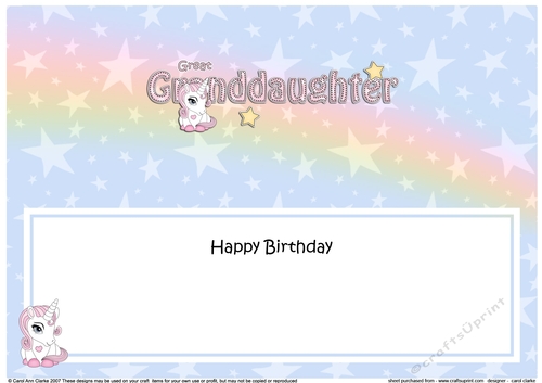 Large DL Happy Birthday GREAT GRANDDAUGHTER insert with Unicorn