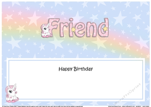 Large DL Happy Birthday FRIEND insert with Unicorn