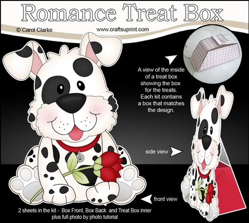 3D Valentine Treat Box Mini Kit - Cute Romantic Spotty Dog has a Rose