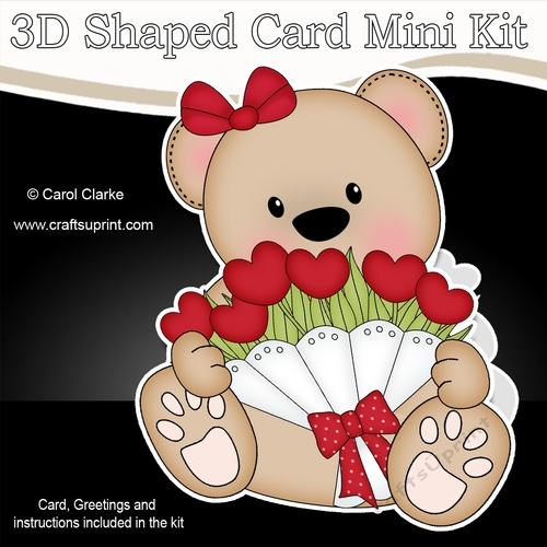 3D Shaped Card Mini Kit - Cute Romantic Teddy has a Bunch of Roses