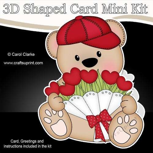 3D Shaped Card Mini Kit - Cute Romantic Teddy has a Bunch of Roses